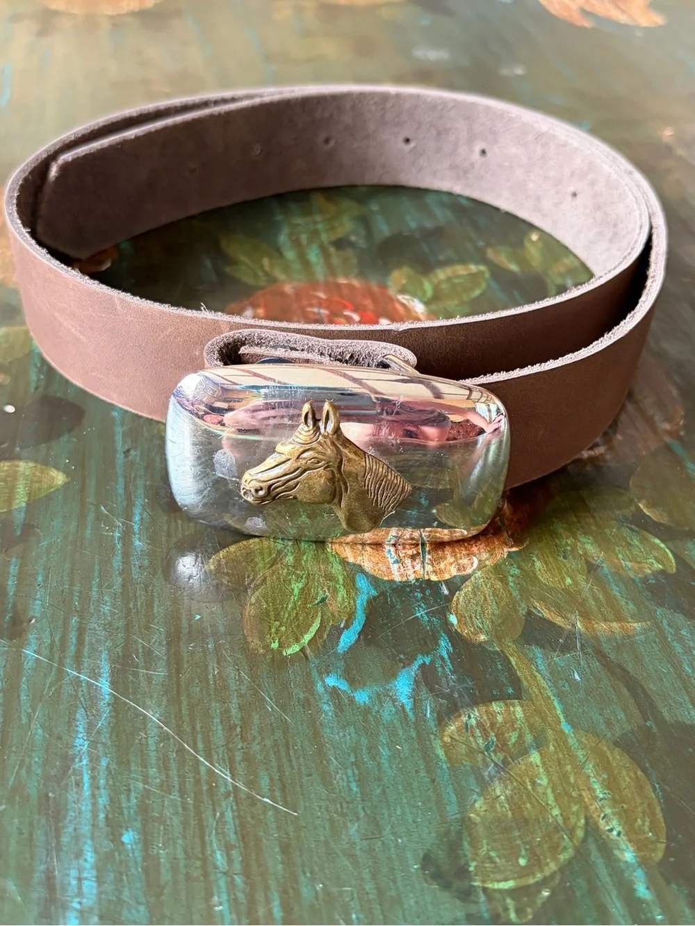 Kids Silver Horse Head Buckle & Brown Leather Belt